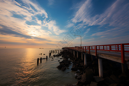 夕阳下的海边木桥图片