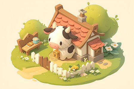 牛在小房子外的栅栏前站立图片
