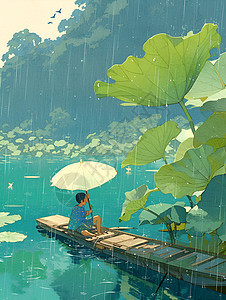 梦幻湖畔雨中竹筏图片