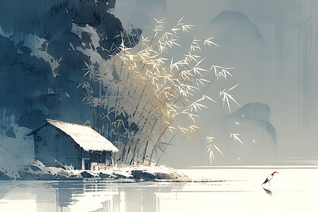 山水墨画中的湖边小屋图片