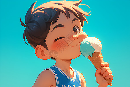 阳光下可爱的男孩吃冰淇淋图片