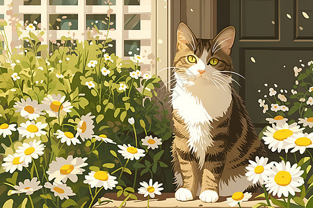 阳光下的小猫和鲜花图片