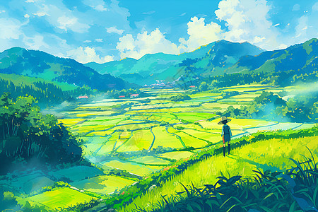 绿色稻田中的农民图片