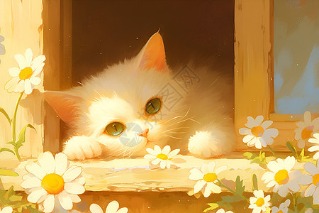 窗户前的小猫和鲜花图片