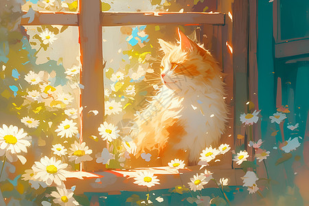 窗边的猫儿与雏菊图片
