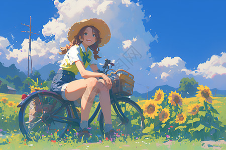 向日葵花田前坐在自行车上的少女图片
