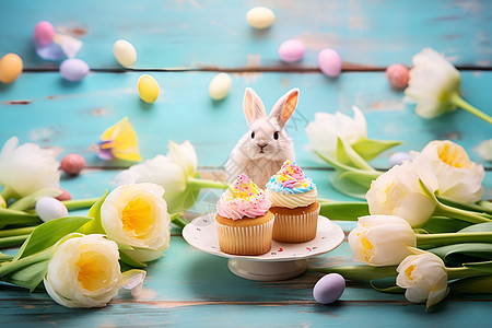 复活节的鲜花和兔子图片