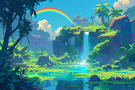 仙境瀑布与彩虹奇景图片