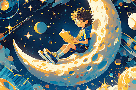 月球上的少年阅读书籍图片
