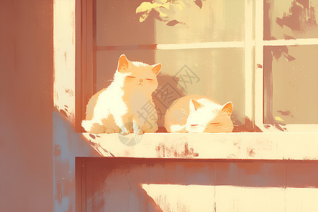 两只猫咪坐在窗台上图片