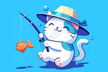 戴着帽子在钓鱼的猫图片