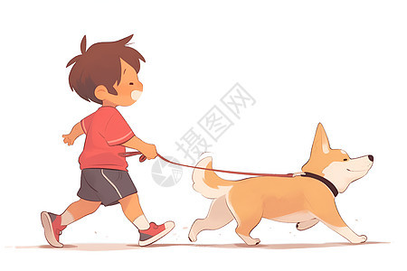 男孩开心牵着狗狗散步图片
