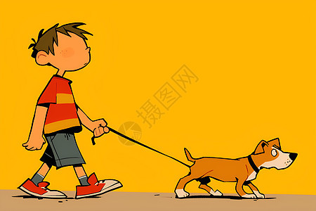 男孩牵着小狗散步图片
