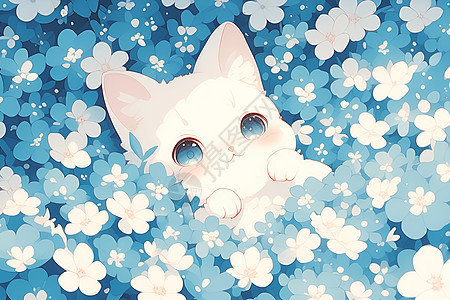 花丛中的小白猫图片