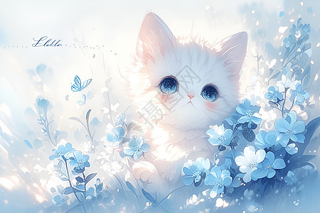 花中的小白猫图片