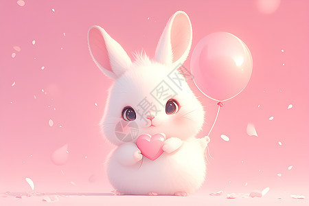 兔子拿着粉色心形气球图片