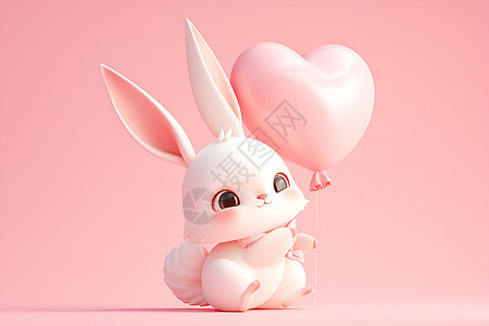兔子手持粉色心形气球图片