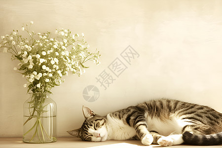 宁静花瓶边的猫咪图片
