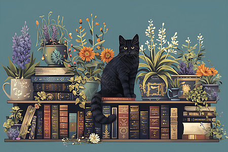 书架上的黑猫图片