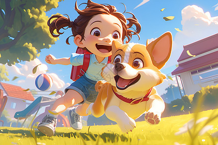 欢乐奔跑的女孩和小狗图片