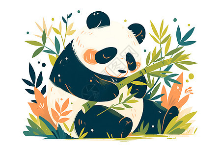 拿着竹子的熊猫插画图片