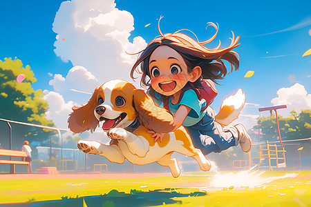 快乐奔跑的小狗和女孩图片