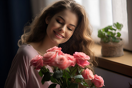 美丽女人抱着玫瑰花束图片