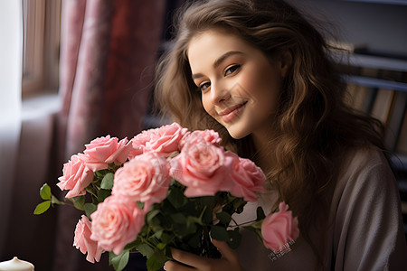 女人拿着玫瑰花束图片