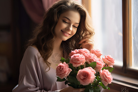 窗边拿着玫瑰花束的女人图片