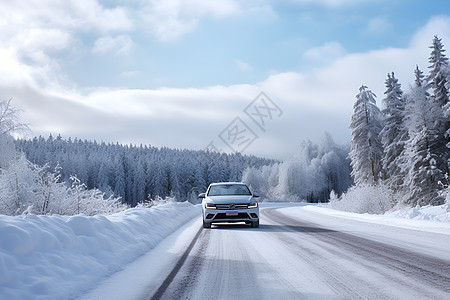 林间雪路上飞驰的汽车图片