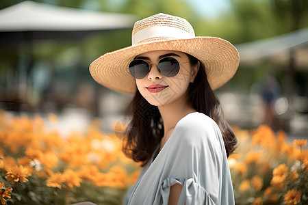 花园里戴着帽子的女人图片