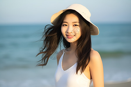 海滩上戴着帽子的女子图片