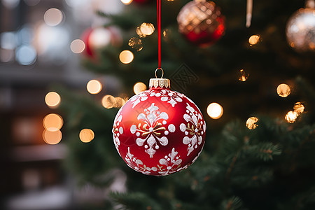 圣诞树上悬挂着一颗红白圣诞球图片
