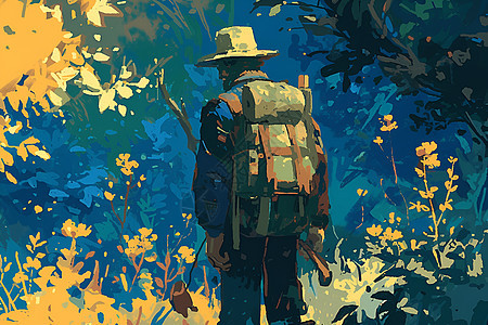 树林里的背包男子图片