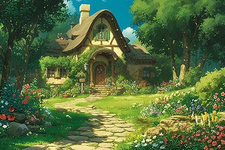 宫崎骏风格的仙境小屋图片