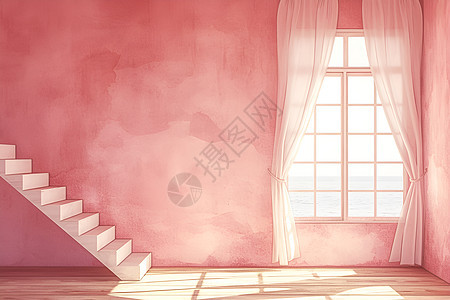 海景窗帘下的水彩主题房间图片