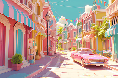 彩色街道上的粉色汽车图片
