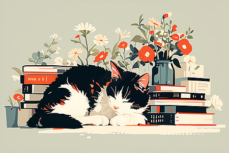 书堆旁的猫与花瓶图片