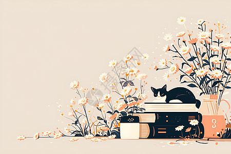 书堆旁一只猫图片