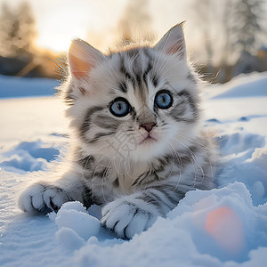 趴在雪地上的小猫图片