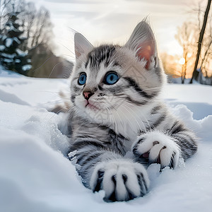 雪地上的灰白小猫图片