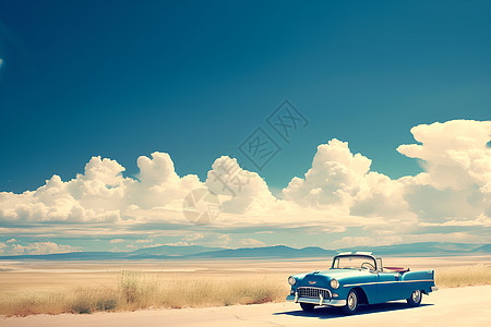 沙漠中的蓝色经典车图片