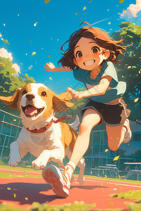 女孩和小狗奔跑图片