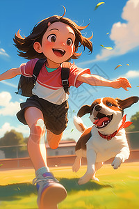 女孩和小狗快乐奔跑图片