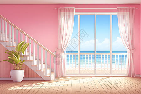粉色房间海景窗帘图片