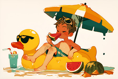 坐在小黄鸭游泳圈上吃西瓜的男孩图片