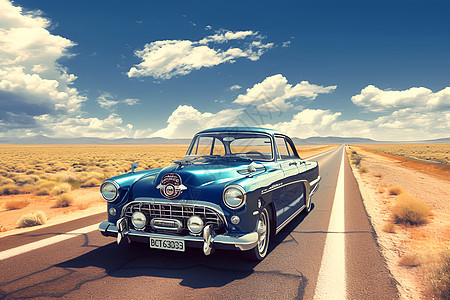 复古车在空旷沙漠公路上图片