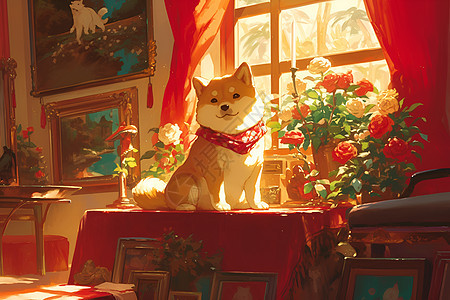 可爱小狗蹲在桌子上图片