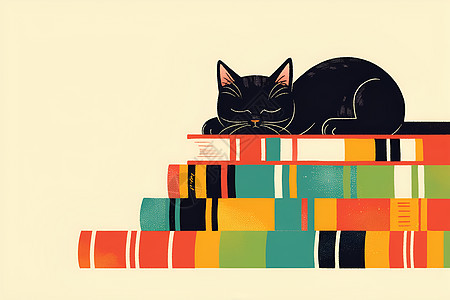 黑猫坐在彩色书山上图片
