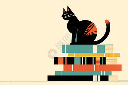 可爱黑猫坐在书堆上图片